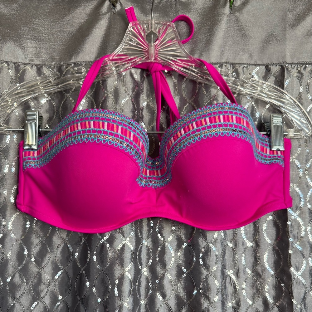Shade & Shore Vibrant Pink Bikini Top with Blue Accents 36C